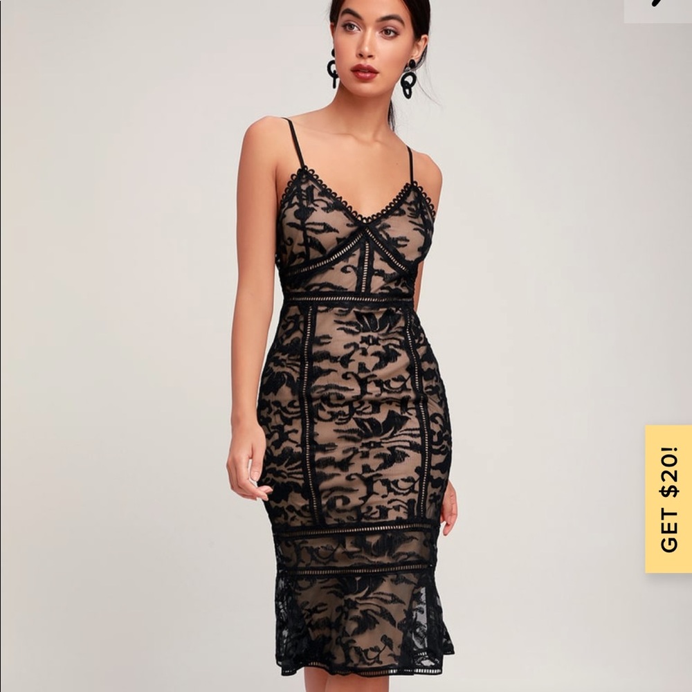 Black and nude trumpet hem midi dress